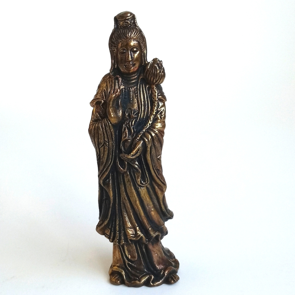 Antique Vintage Elegant Bronzed Brass Figurine With Lotus Flower From India - Picture 12 of 12